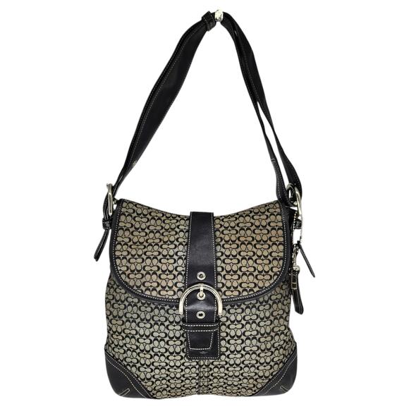 Vintage Coach Purse Handbag Black Leather Canvas Gray Shoulder Hobo 2004 Y2k - Picture 1 of 14